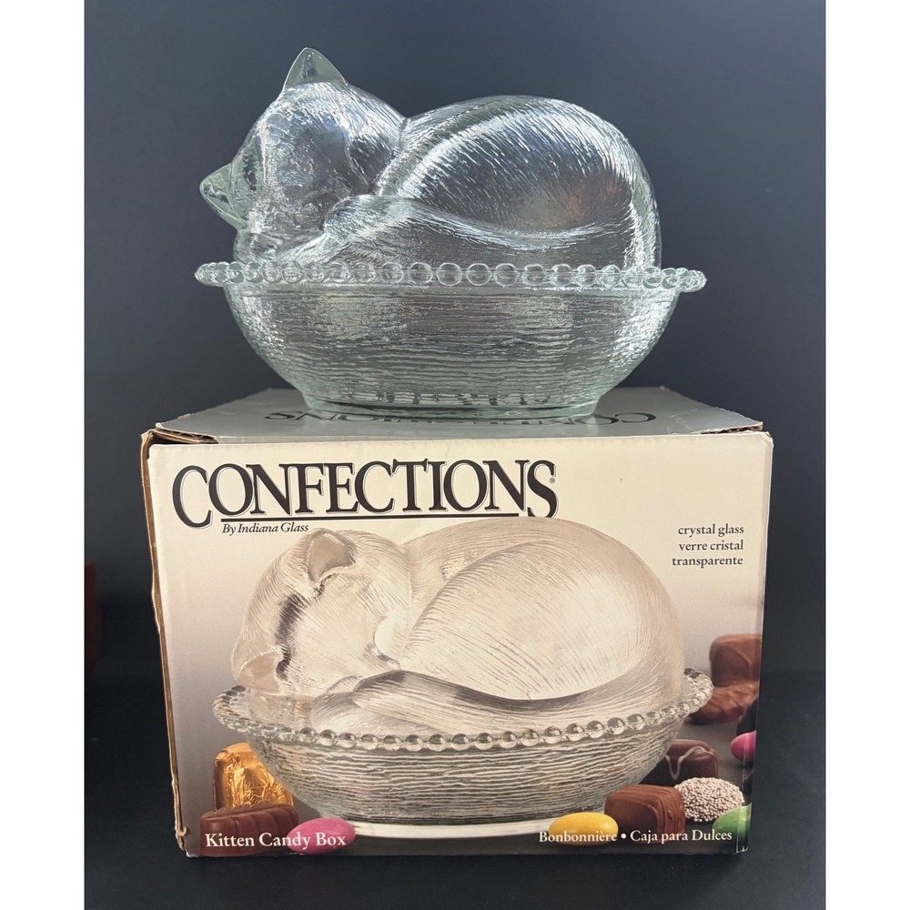 Indiana Glass Confections Sleeping Kitten Cat on Nest Clear Glass Candy Box NIB